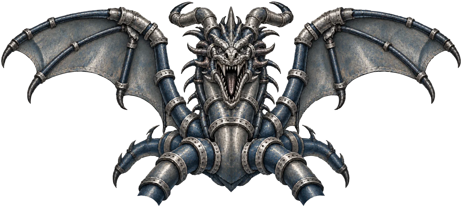 Silver dragon built from riveted pipes with wings spread
